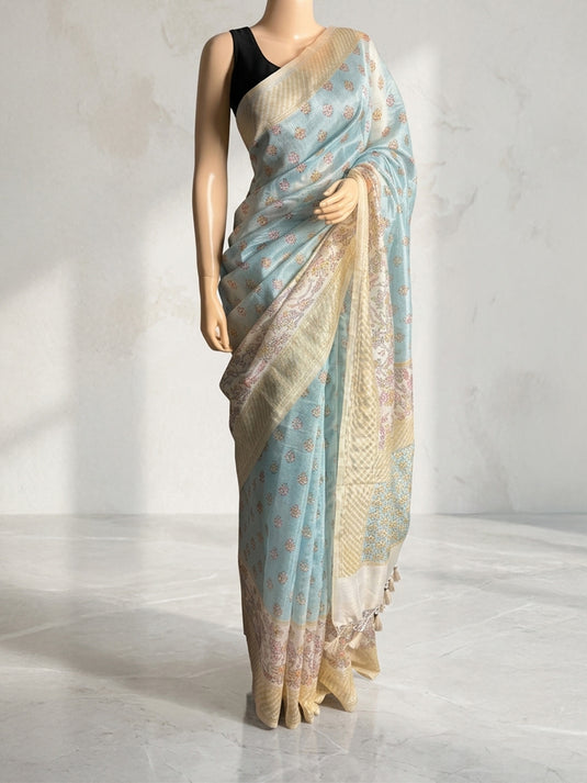 Blue Cotton Printed Saree