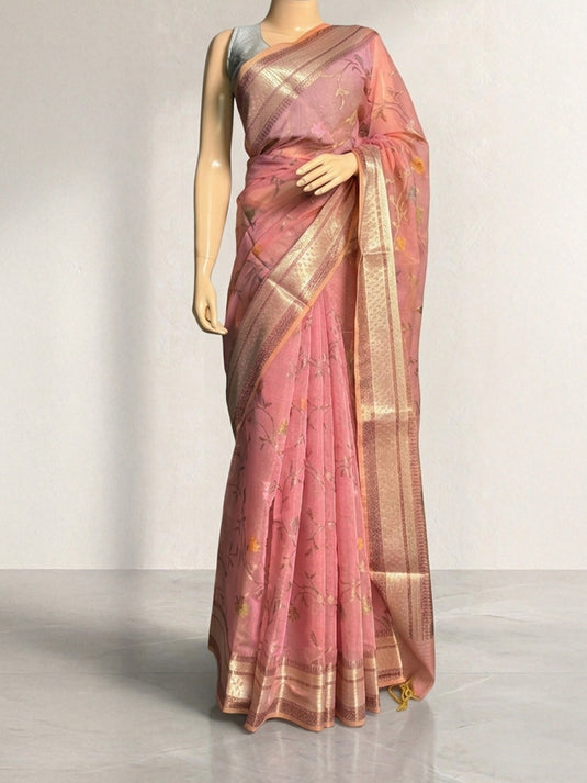 Pink Chiniya Cotton Resham Woven Saree
