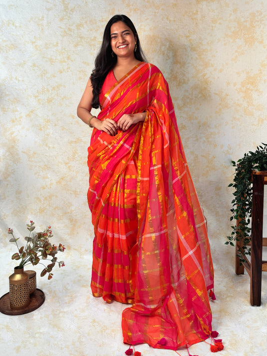 Orange Cotton Zari Woven Saree