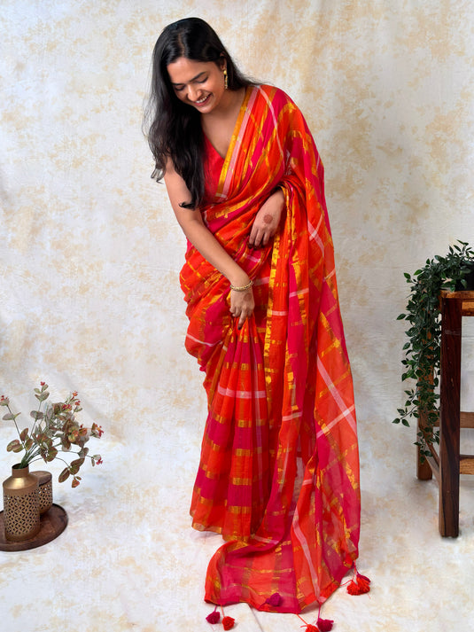 Orange Cotton Zari Woven Saree