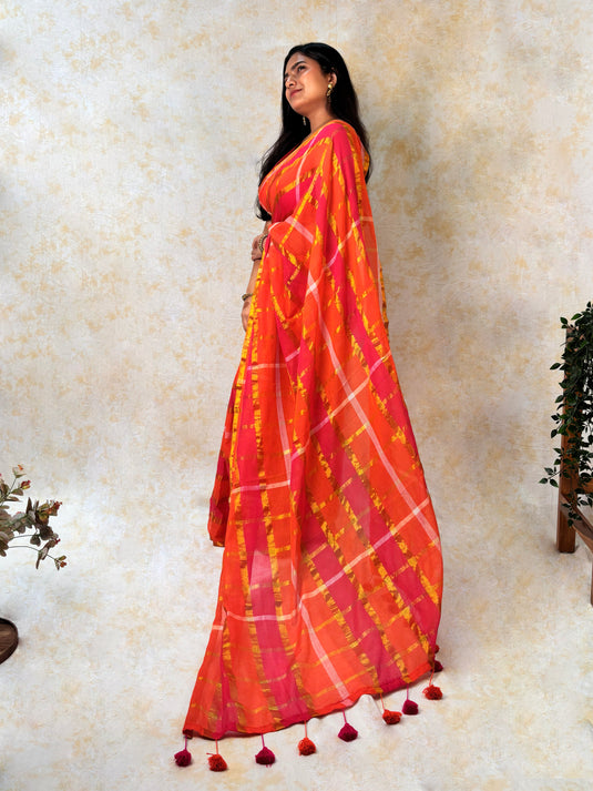 Orange Cotton Zari Woven Saree