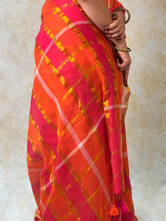 Orange Cotton Zari Woven Saree
