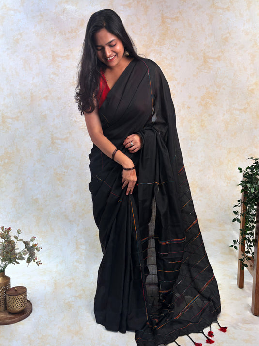 Black Cotton Saree With Cord Work