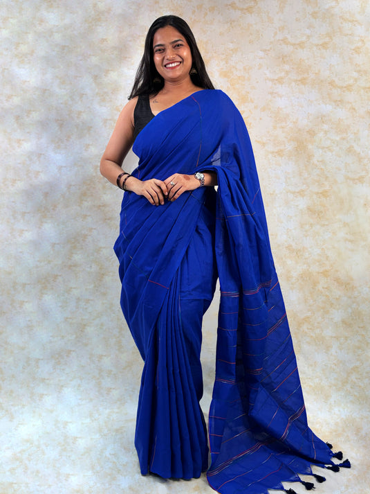 Blue Cotton Saree With Cord Work