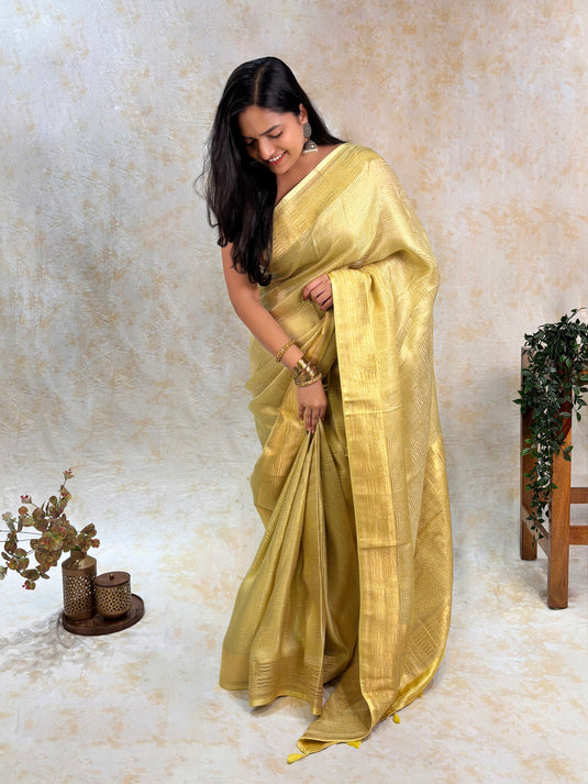 Yellow Crepe Silk Brocade Saree