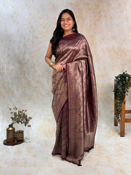 Wine Crepe Silk Brocade Saree