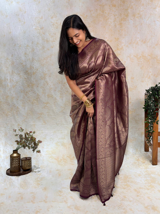 Wine Crepe Silk Brocade Saree
