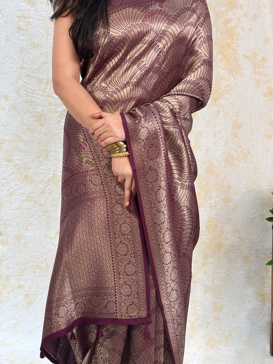 Wine Crepe Silk Brocade Saree