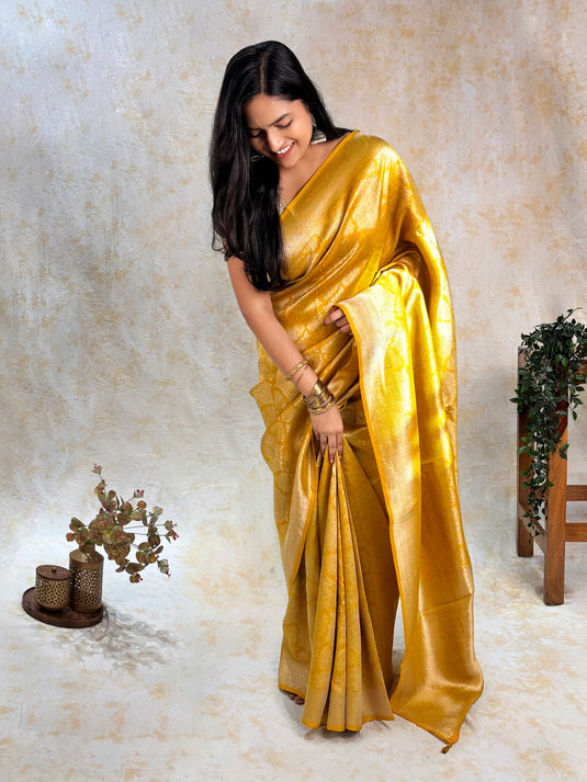 Yellow Crepe Silk Brocade Saree