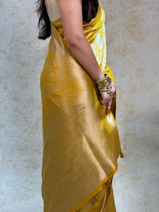 Yellow Crepe Silk Brocade Saree