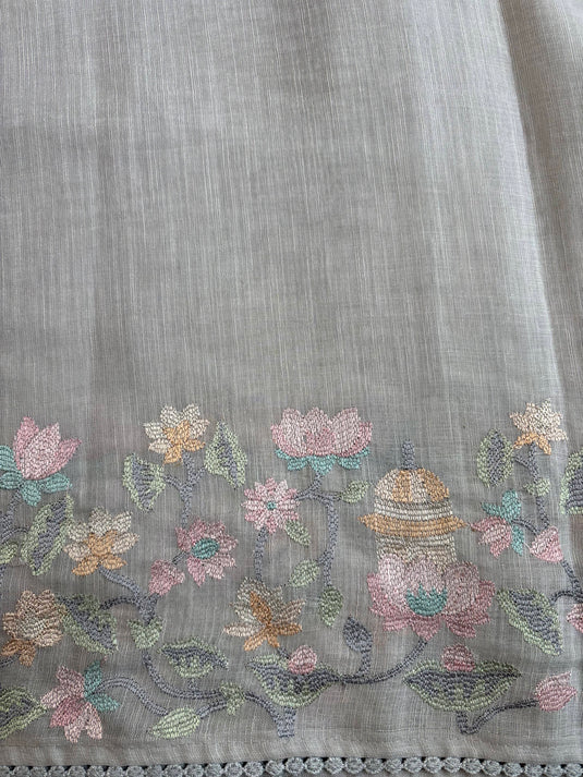 Off White Linen Embroidered Saree