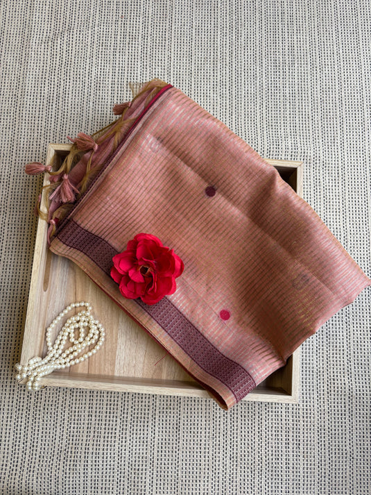Peach Chanderi Tissue Reasham Weaving Saree