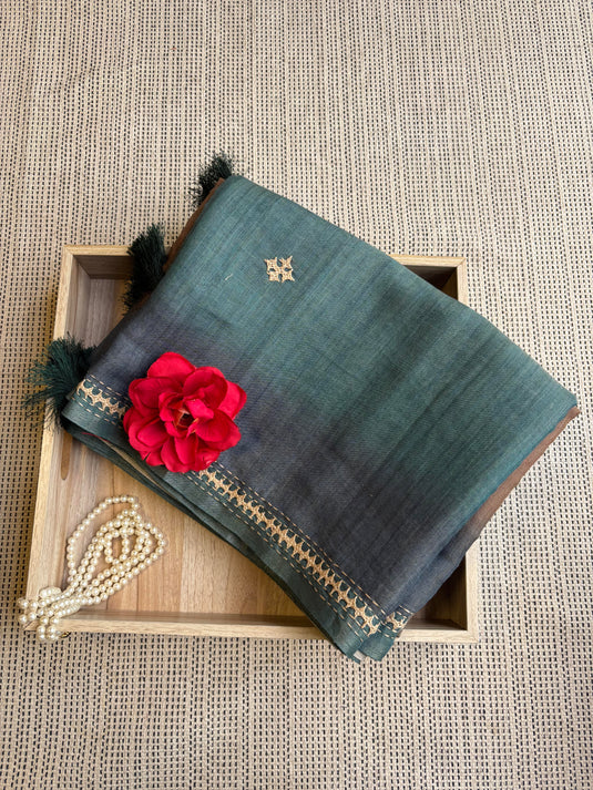 Green Linen Tissue Thread Work Saree