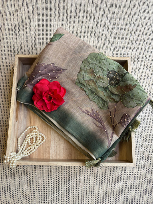 Beige Linen Printed Saree