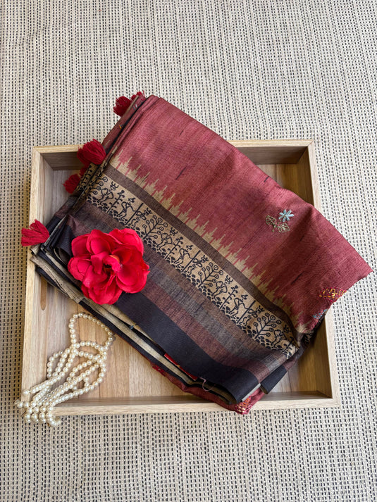 Rust Tussar Silk Printed Saree