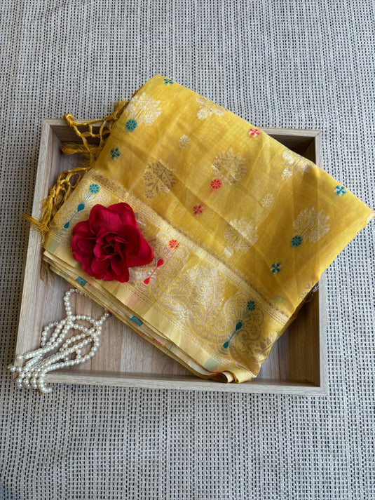 Yellow Chanderi Zari Weaving Saree