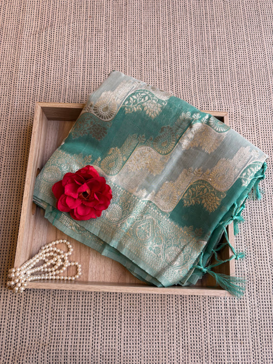 Teal Chanderi Zari Weaving Saree