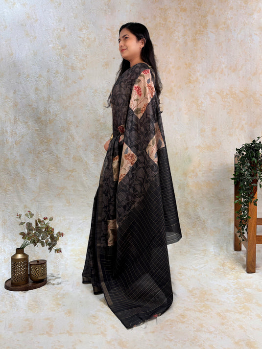 Black Tussar Printed Saree