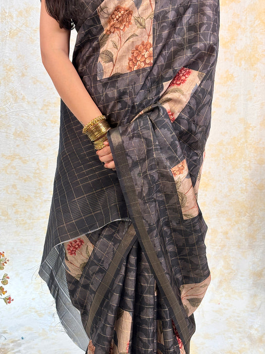 Black Tussar Printed Saree