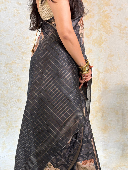 Black Tussar Printed Saree