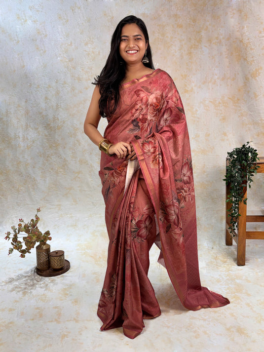 Pink  Tussar Printed Saree