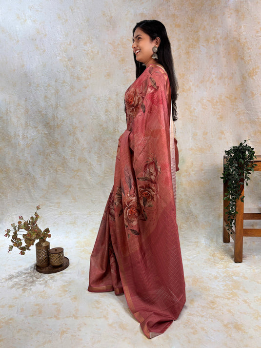 Pink  Tussar Printed Saree