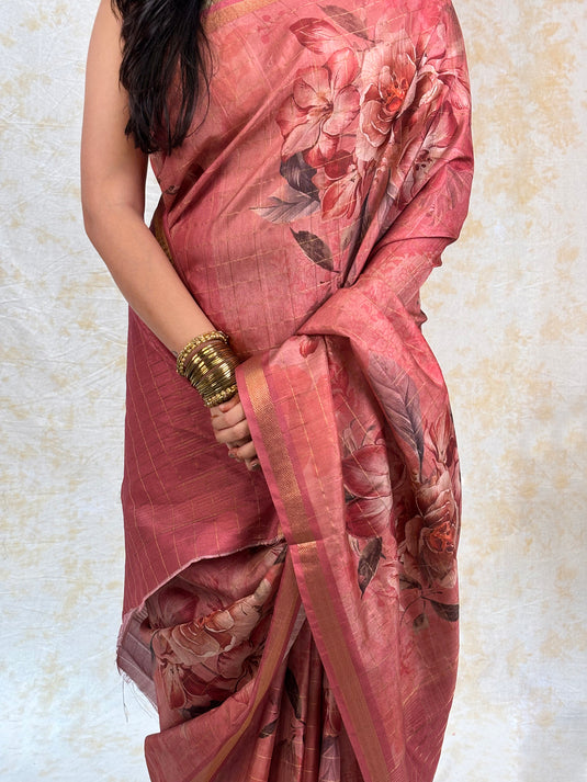Pink  Tussar Printed Saree