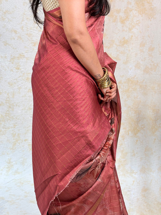 Pink  Tussar Printed Saree