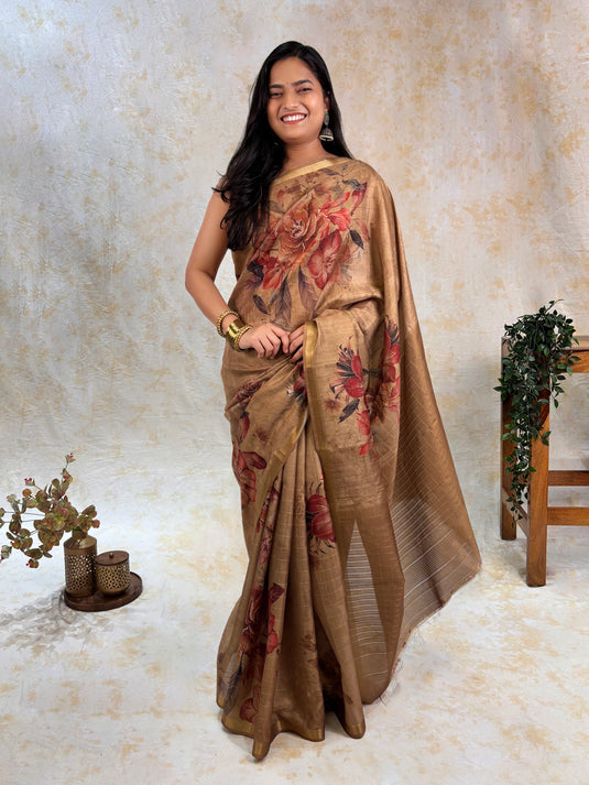 Yellow Tussar Printed Saree