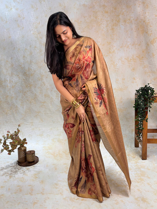 Yellow Tussar Printed Saree