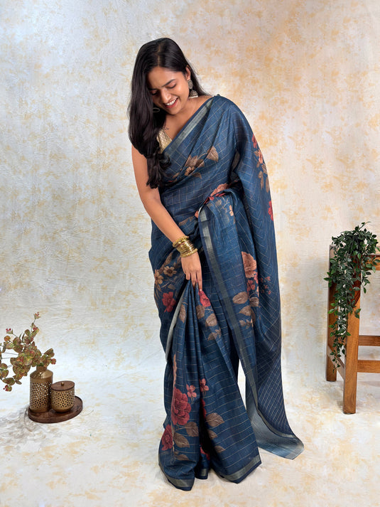 Dark Blue Tussar Printed Saree