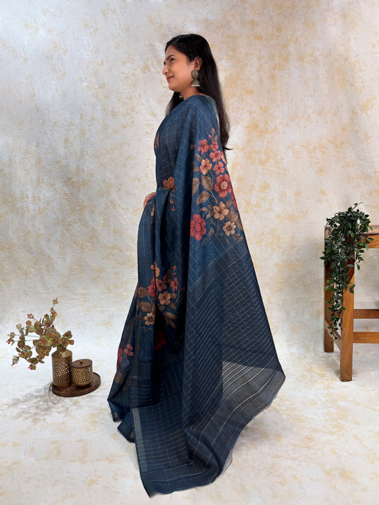 Dark Blue Tussar Printed Saree