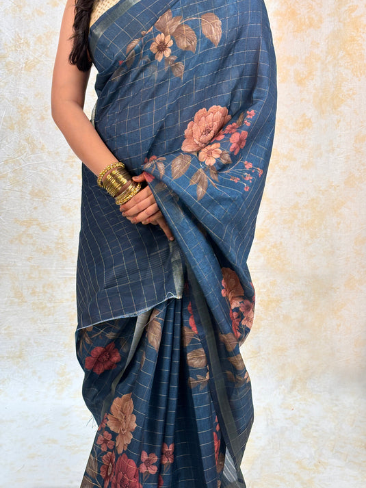 Dark Blue Tussar Printed Saree