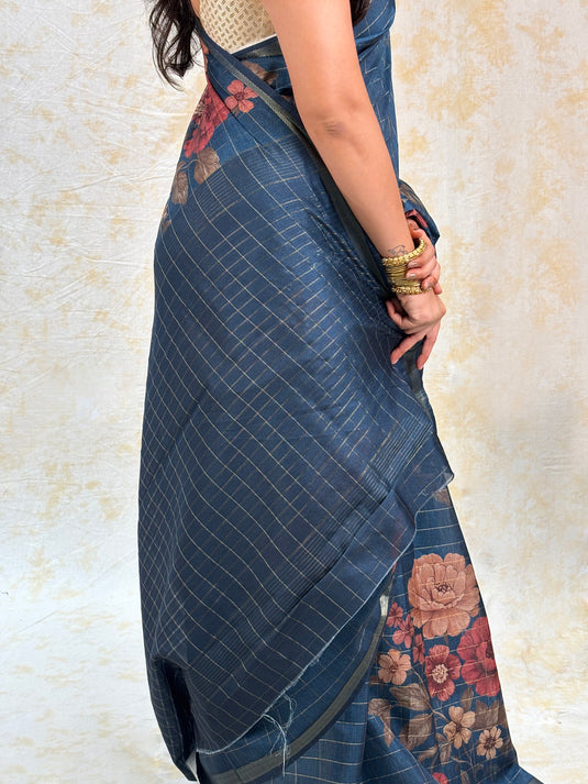 Dark Blue Tussar Printed Saree