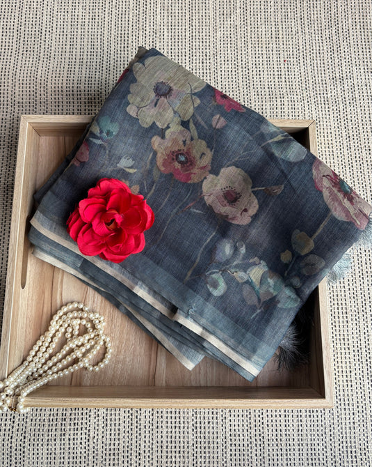 Grey Cotton Printed Saree