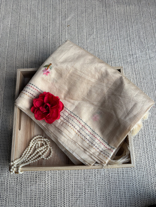 Beige Tussar Embroidered Saree