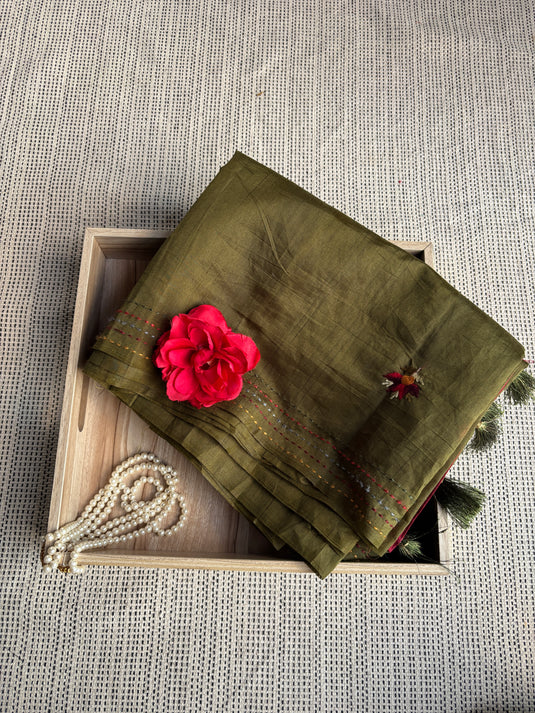 Green Tussar Silk Embroidered Saree