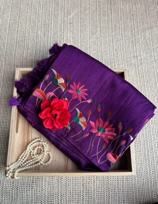 Purple Tussar Embroidered Saree