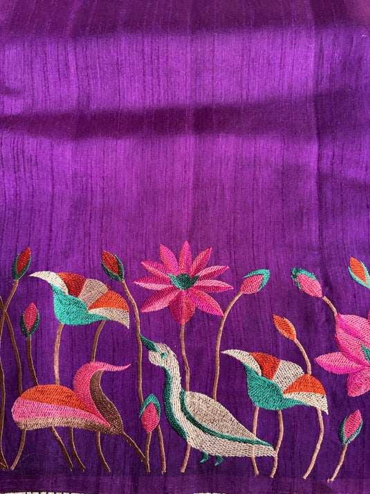 Purple Tussar Embroidered Saree