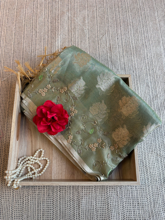 Light Green Kota Zari Weaving Beadwork Saree