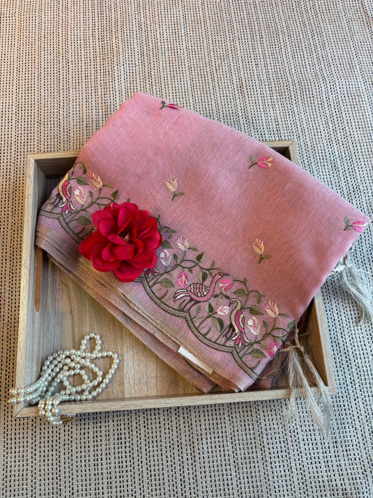 Pink Linen Tissue Embroidered Saree