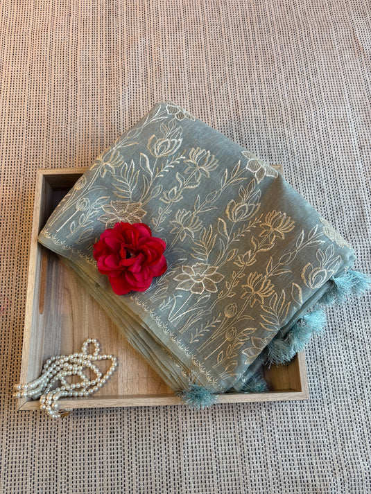 Grey Linen Tissue Embroidered Saree