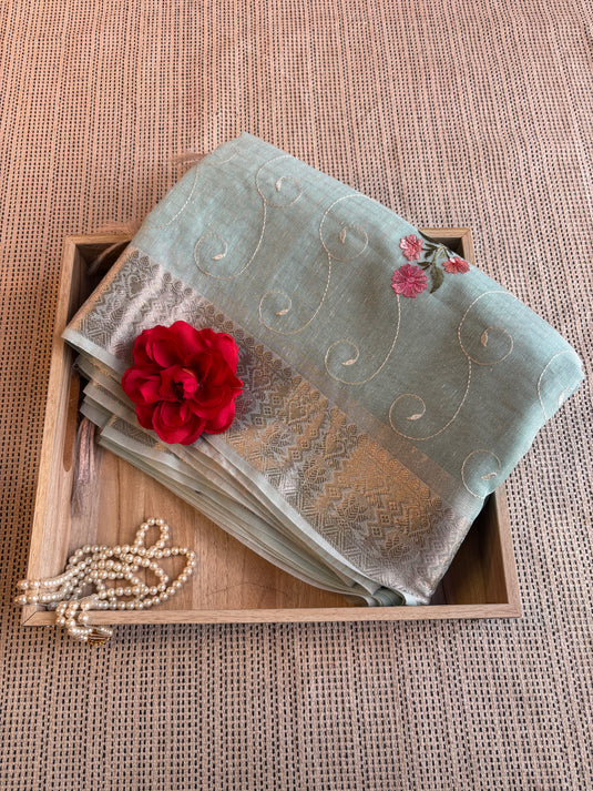 Blue Linen Tissue Zari Weaving Saree