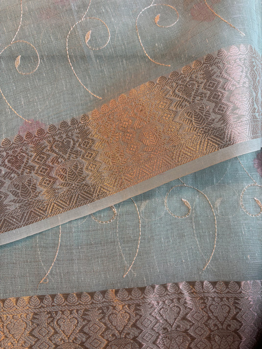 Blue Linen Tissue Zari Weaving Saree