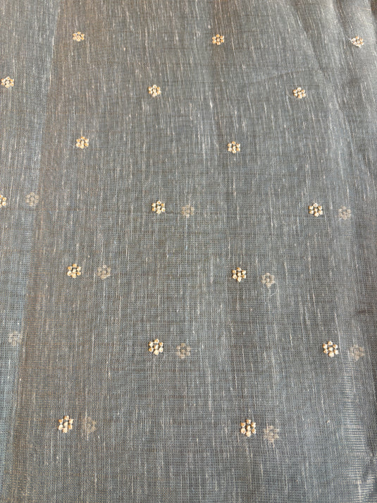 Grey Linen Tissue Embroidered Saree