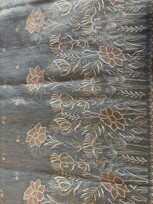 Grey Linen Tissue Embroidered Saree