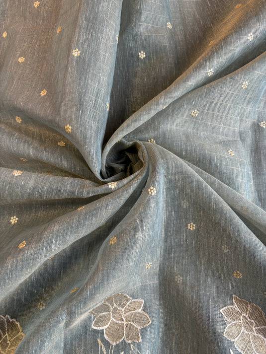 Grey Linen Tissue Embroidered Saree