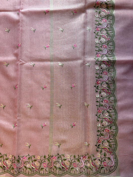 Pink Linen Tissue Embroidered Saree