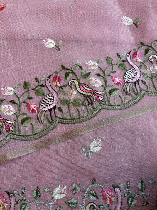 Pink Linen Tissue Embroidered Saree