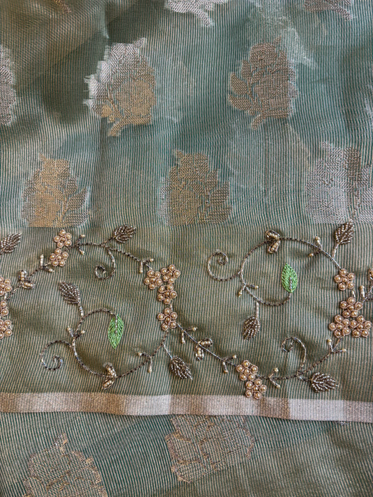 Light Green Kota Zari Weaving Beadwork Saree